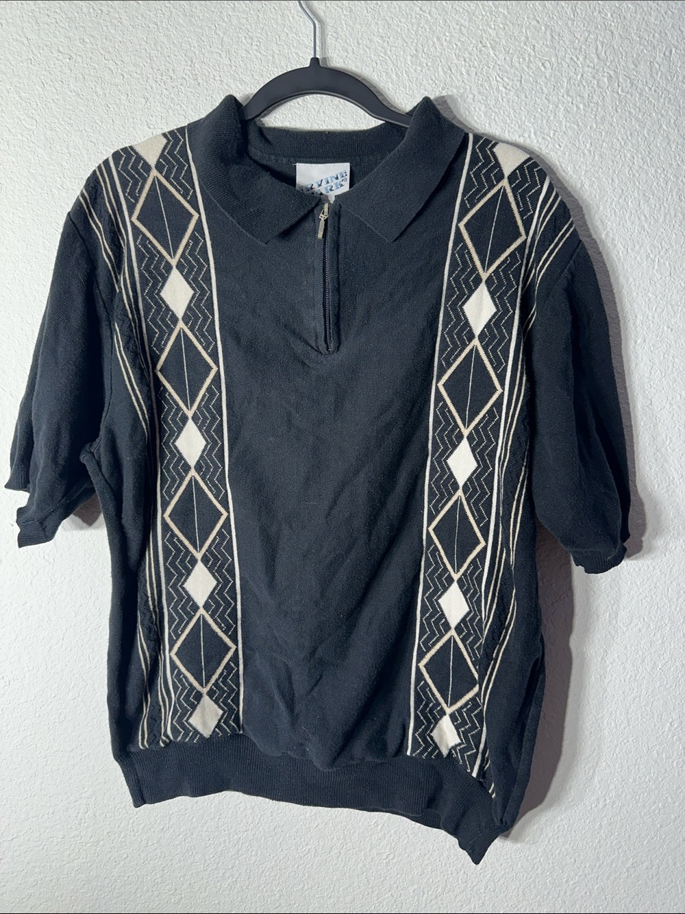 Vintage 90s Irvine Park Knit Polo Sweater Shirt Mens Medium Black Zip Up